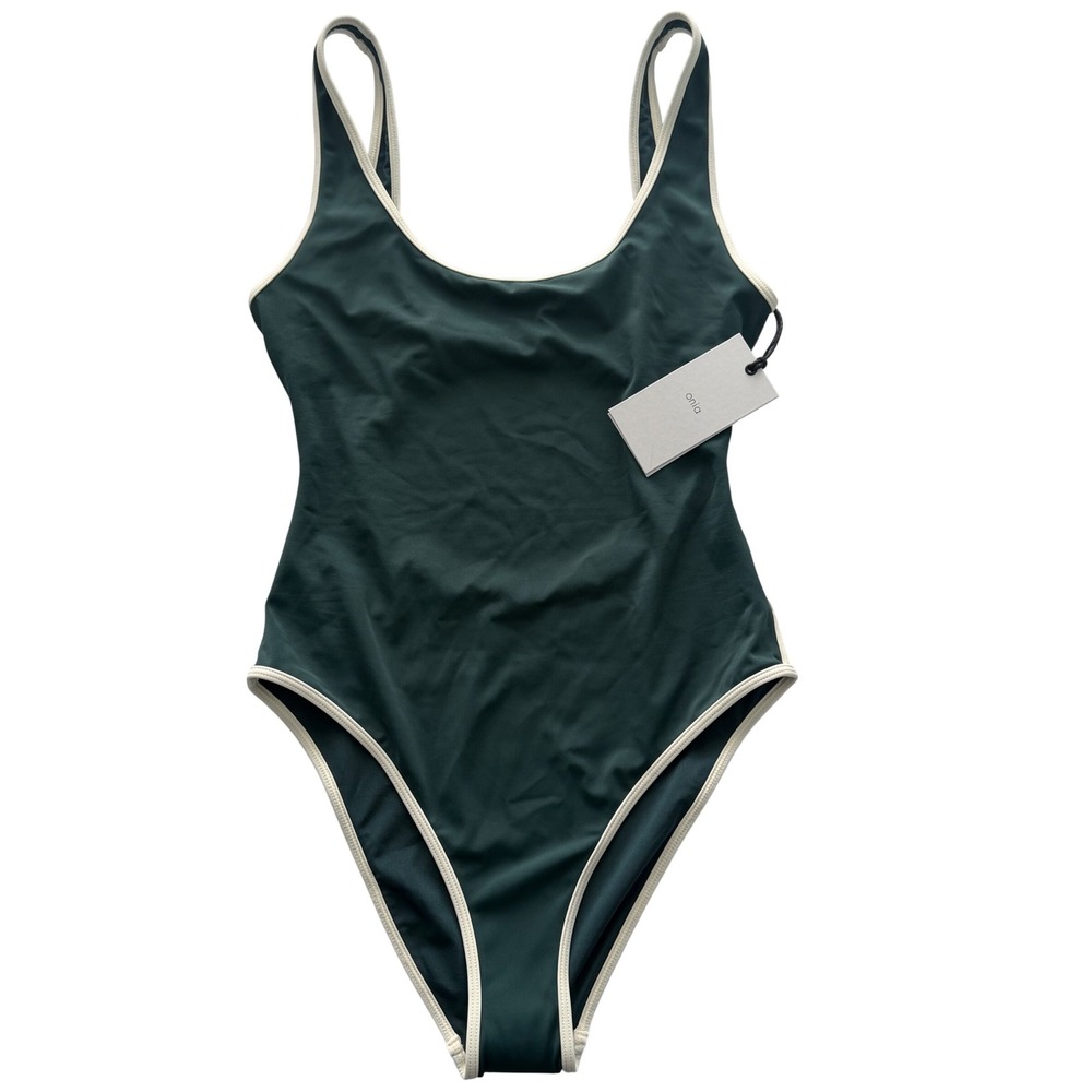 Onia Arya One Piece Swimsuit Sea Moss Green White Contrast Trim NWT Medium